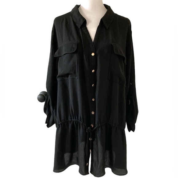 Lane Bryant 26 28 black sheer blouse button down v-neck collar - Picture 1 of 12